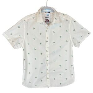 DENIM & FLOWER Men's White Palm Tree Print Short Sleeve Button Up Shirt Size L